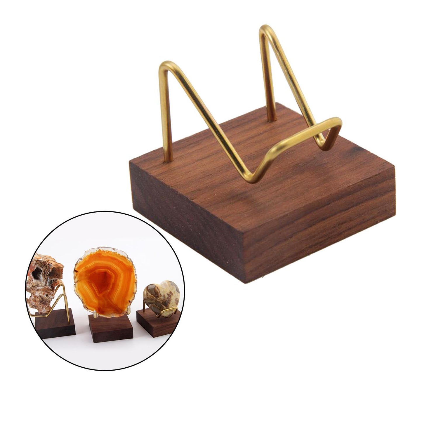 Metal Arm Wooden Display Stand Rack for Gemstone Mineral Home Decoration