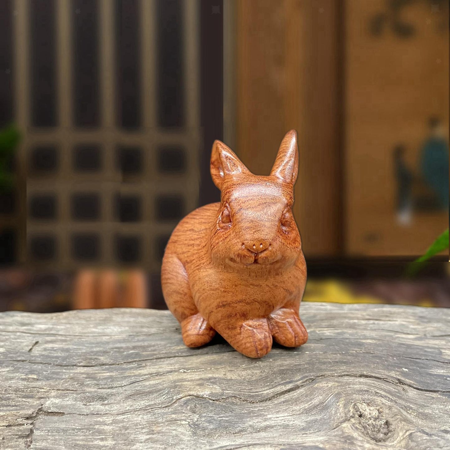 Rabbit Statue Decor Wood Rabbit Figurine Hand Carving Statue for Outdoor