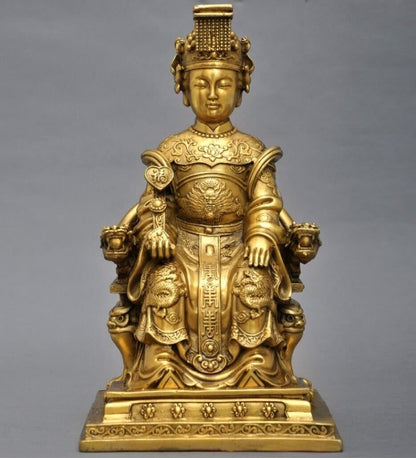 31cm,BRASS MAZU Statue Carved,CHINA Taoism God Matsu Sit FOLK Goddess Sea 妈祖雕像