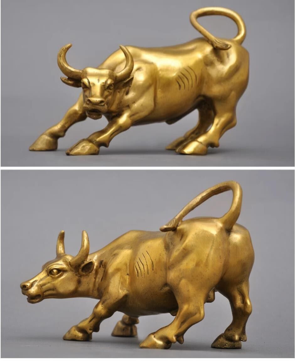 11'',Bull gold Brass Cow Statue Wall Street Cattle Copper China Fengshui OX 28cm