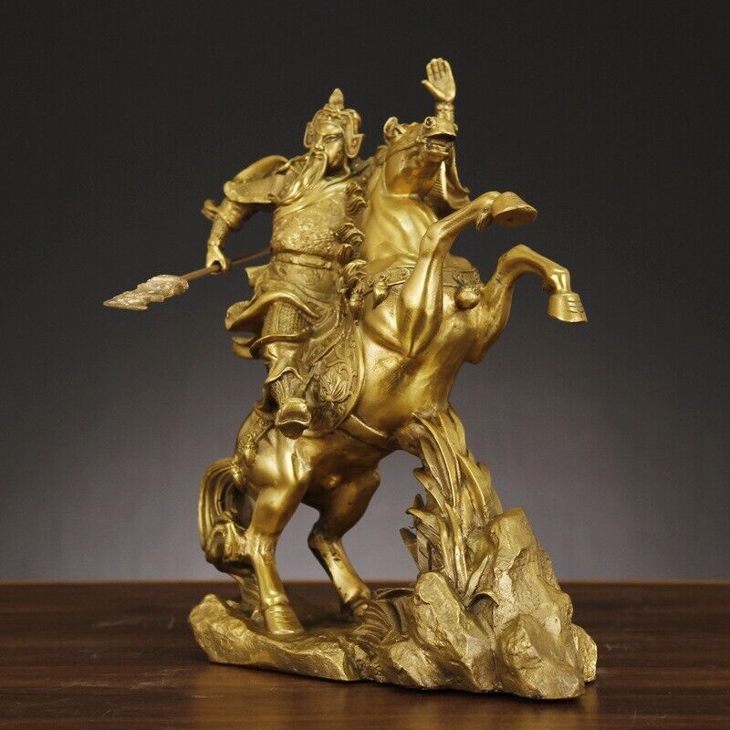 35cm, Chinese Brass FOLK Dragon Warrior Guan Gong Guan Yu God Ride Horse Statue