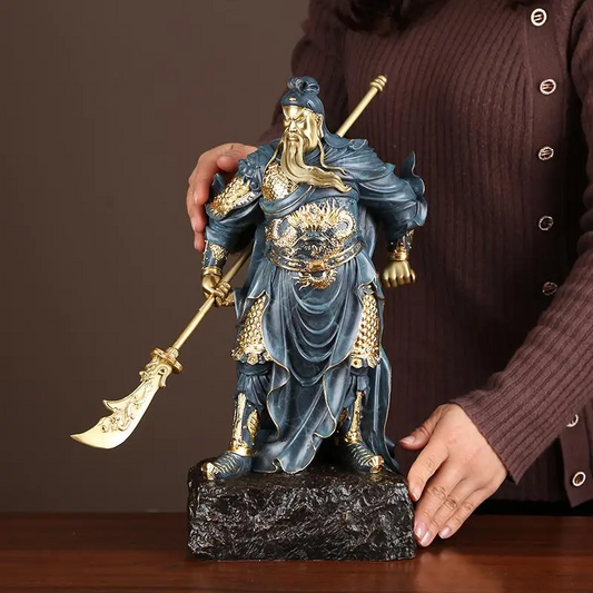 39cm, Chinese fengshui Brass Dragon Guan Gong Yu Warrior God Knife Sword Statue