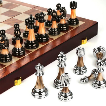 45cm chess set,Zinc Alloy Pieces, Foldable Storage Wood Board Birthday Gift 17"