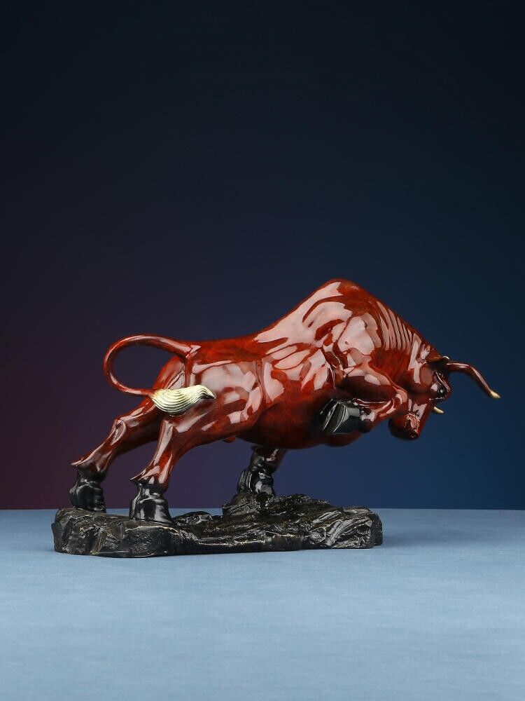 13'',Bull Brass Cow Statue Wall Street Cattle Copper China Fengshui colorful OX