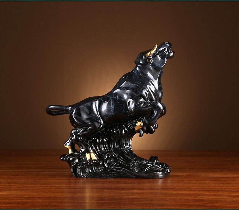 11" Chinese House FengShui Brass Copper Wealth cattle Bull Wild ox animal Statue