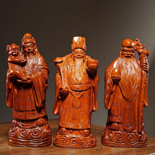 40cm Chinese Taoism Wood Carving 3 Longevity God Fu Lu Shou Life Statue man Set