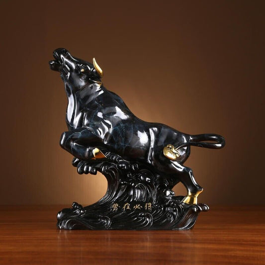 11.6 in, Home Wealth Fengshui Brass Copper Lucky Ox Bull cattle Statue Sculpture