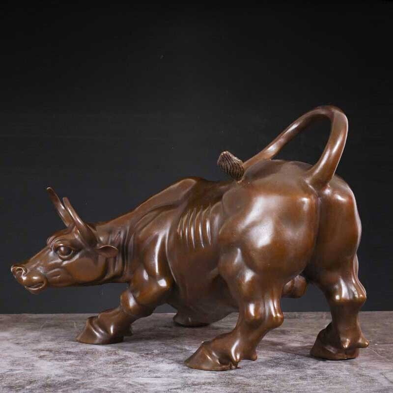 7.5 '',Bull Sculpture Brass Cow Statue Wall Street Cattle Copper China Fengshui