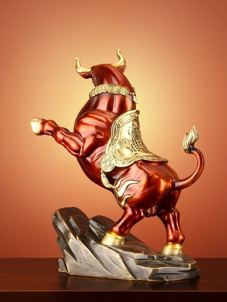 Home Decoration RED Copper Brass China Zodiac OX Oxen Cattle Bull Cow Statue niu