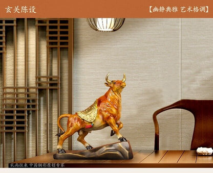 Bull Figurines Retro orange Brass Statue Desktop Decoration Feng Shui Home Decor