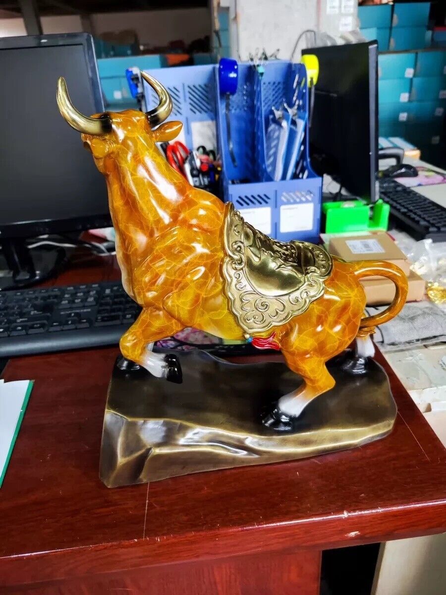 Bull Figurines Retro orange Brass Statue Desktop Decoration Feng Shui Home Decor