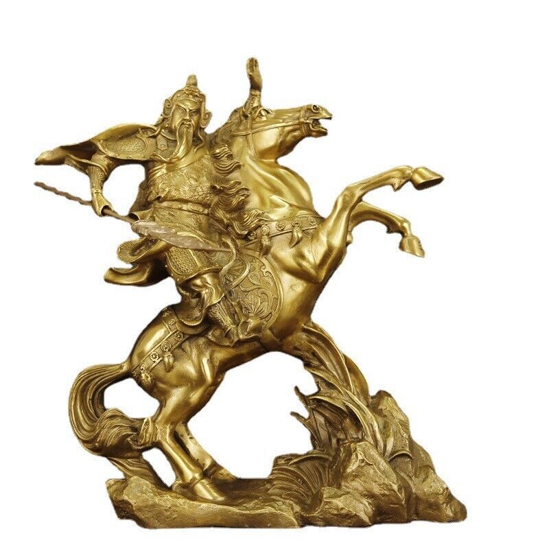 14" Chinese modern BRASS Guangong Guan Gong Yu Warrior God Ride Horse Statue 关公