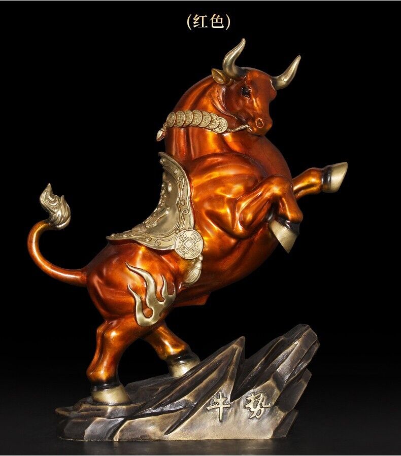 Home Decoration RED Copper Brass China Zodiac OX Oxen Cattle Bull Cow Statue niu