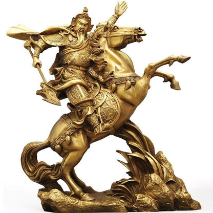 35cm, Chinese Brass FOLK Dragon Warrior Guan Gong Guan Yu God Ride Horse Statue