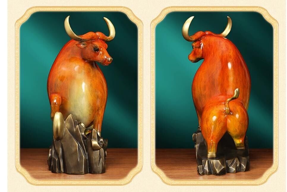 26cm,brass Copper home Feng shui animal fortune folk wealth bull ox niu statue