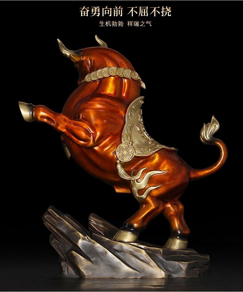 Home Decoration RED Copper Brass China Zodiac OX Oxen Cattle Bull Cow Statue niu