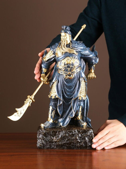 39cm, Chinese fengshui Brass Dragon Guan Gong Yu Warrior God Knife Sword Statue