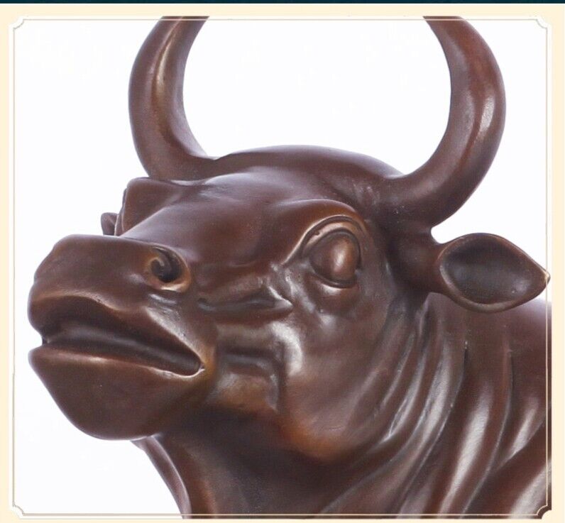 9" Brass Bull Feng shui Cattle Sculpture Copper Cow Statue Mascot Exquisite OX