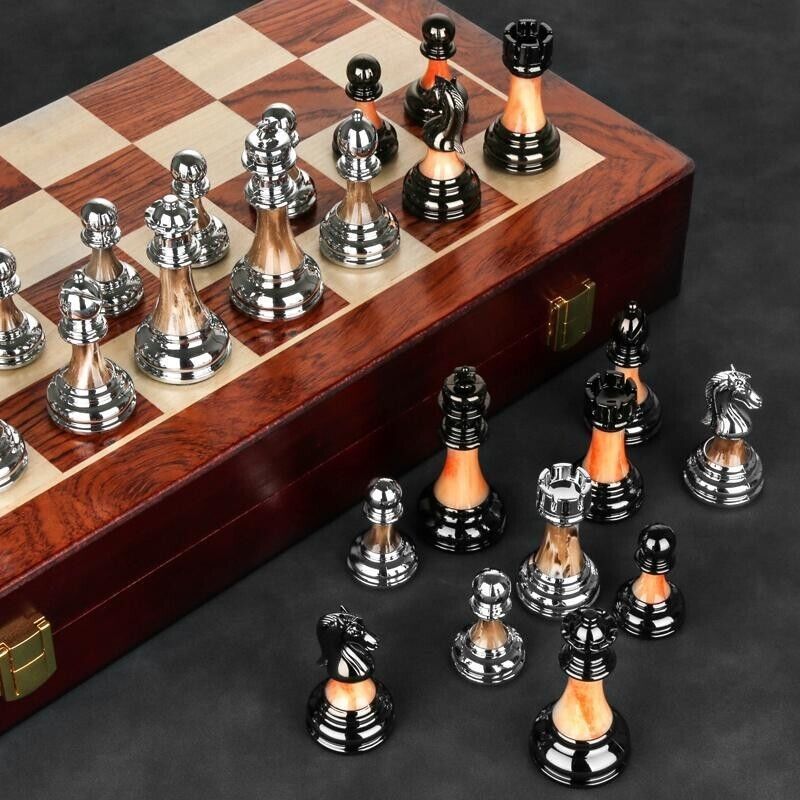 45cm chess set,Zinc Alloy Pieces, Foldable Storage Wood Board Birthday Gift 17"