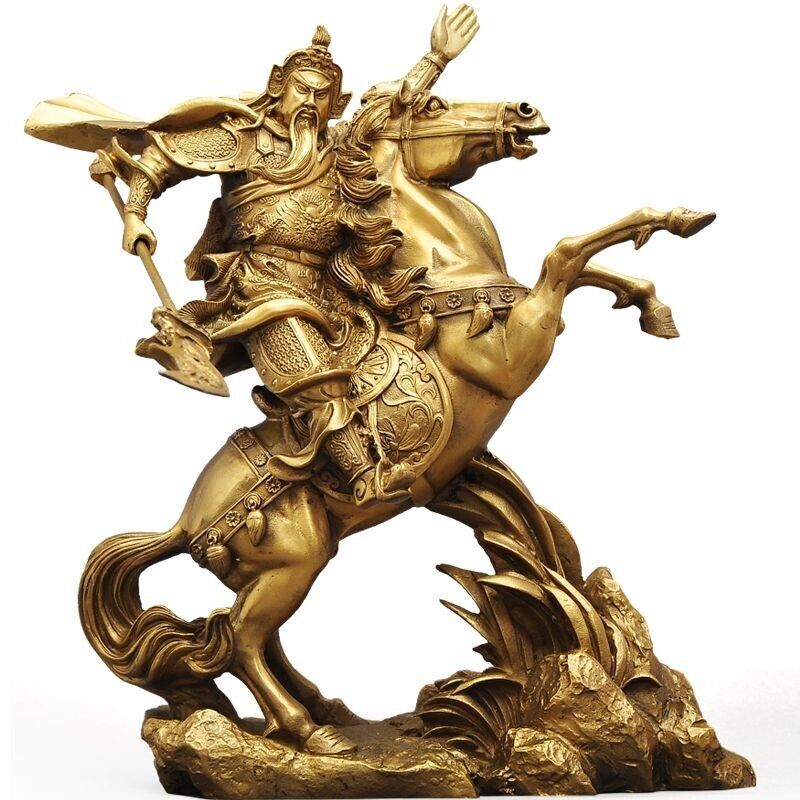 14" Chinese modern BRASS Guangong Guan Gong Yu Warrior God Ride Horse Statue 关公