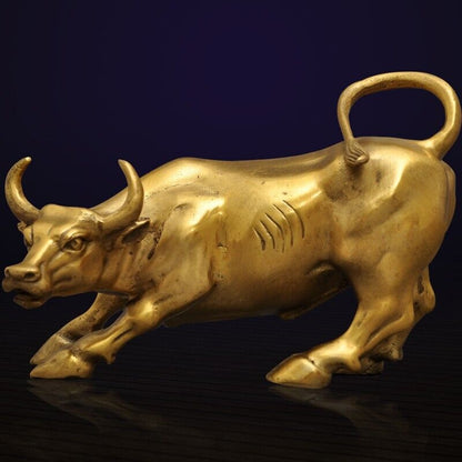 11'',Bull gold Brass Cow Statue Wall Street Cattle Copper China Fengshui OX 28cm