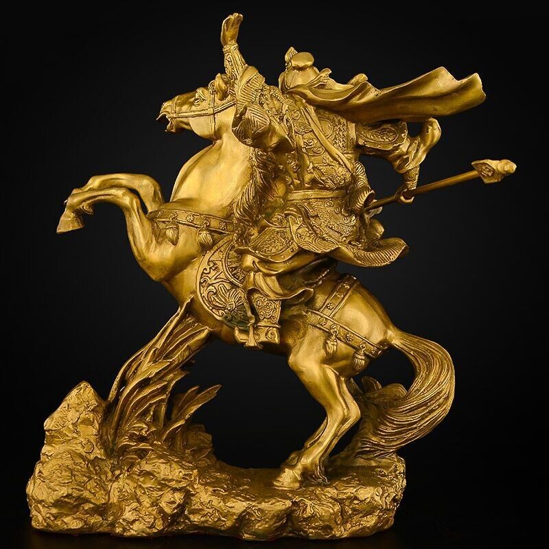 35cm, Chinese Brass FOLK Dragon Warrior Guan Gong Guan Yu God Ride Horse Statue