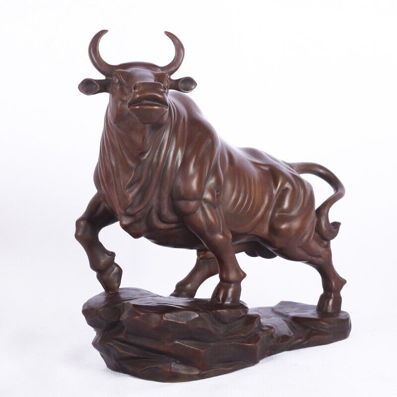 9" Brass Bull Feng shui Cattle Sculpture Copper Cow Statue Mascot Exquisite OX