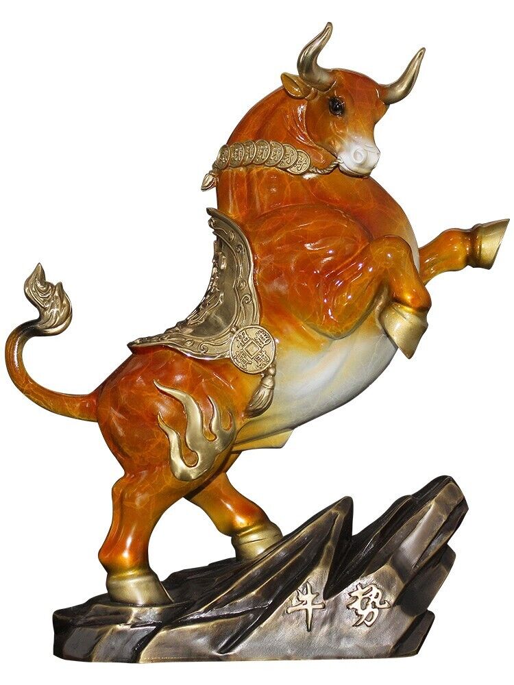 13 in, Home Wealth Fengshui Brass Copper Zodiac Ox Bull cattle Statue Sculpture