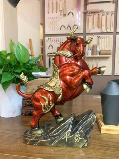 Home Decoration RED Copper Brass China Zodiac OX Oxen Cattle Bull Cow Statue niu