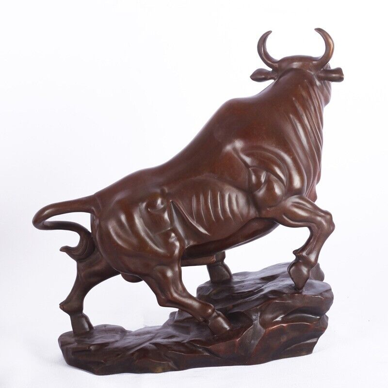 9" Brass Bull Feng shui Cattle Sculpture Copper Cow Statue Mascot Exquisite OX