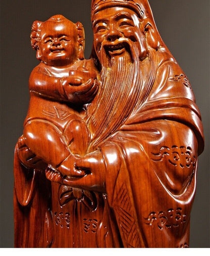 40cm,China Fu Lu Shou Life Buddha Wood Statue,Luck,wealth,longevity Figure 15"