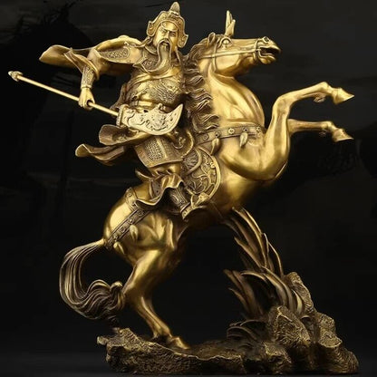 35cm, Chinese Brass FOLK Dragon Warrior Guan Gong Guan Yu God Ride Horse Statue