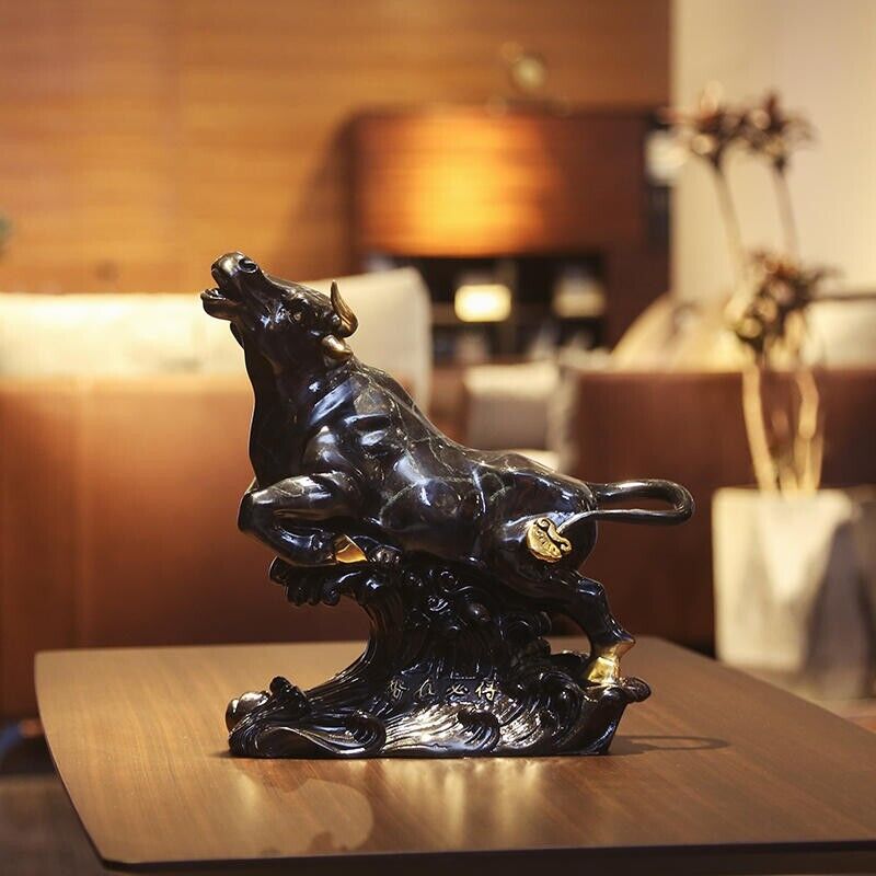 11" Chinese House FengShui Brass Copper Wealth cattle Bull Wild ox animal Statue