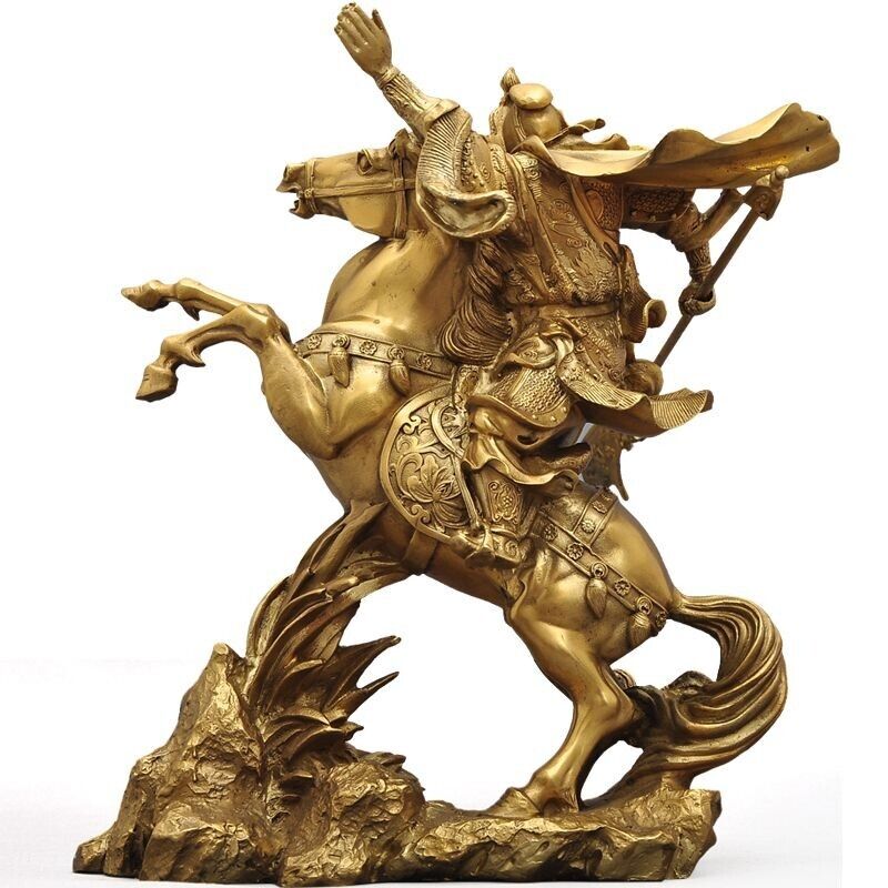 14" Chinese modern BRASS Guangong Guan Gong Yu Warrior God Ride Horse Statue 关公