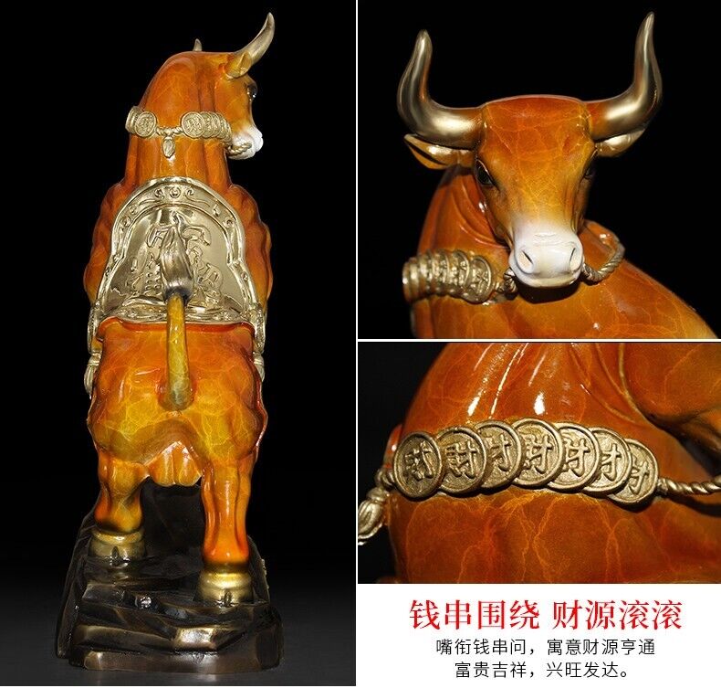 13 in, Home Wealth Fengshui Brass Copper Zodiac Ox Bull cattle Statue Sculpture