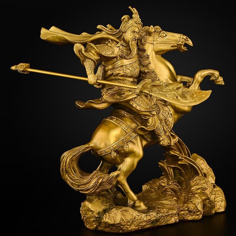 35cm, Chinese Brass FOLK Dragon Warrior Guan Gong Guan Yu God Ride Horse Statue