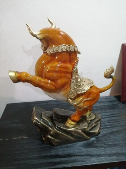 13 inch,Bull Figurines Retro Brass Statue Desktop FengShui Home Decor ORANGE niu