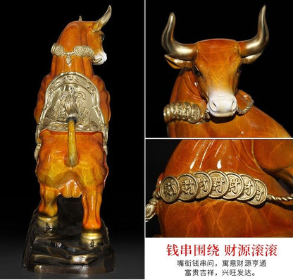 13 inch,Bull Figurines Retro Brass Statue Desktop FengShui Home Decor ORANGE niu