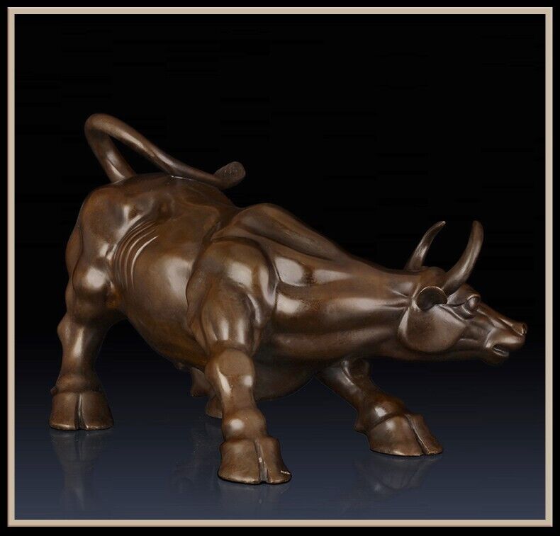 11'',Bull Sculpture Brass Cow Statue Wall Street Cattle Copper China Fengshui OX