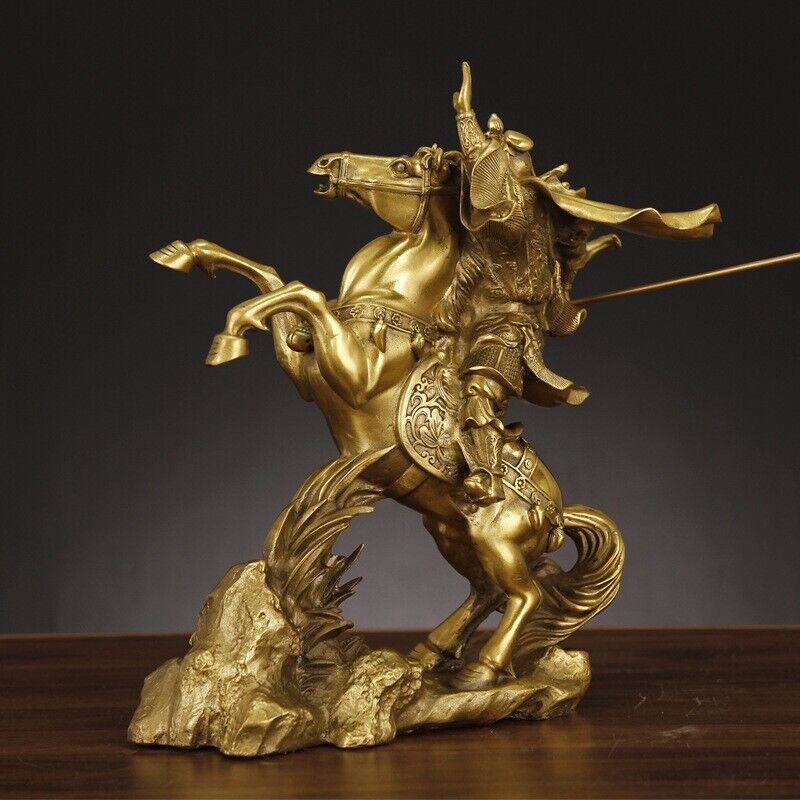 35cm, Chinese Brass FOLK Dragon Warrior Guan Gong Guan Yu God Ride Horse Statue