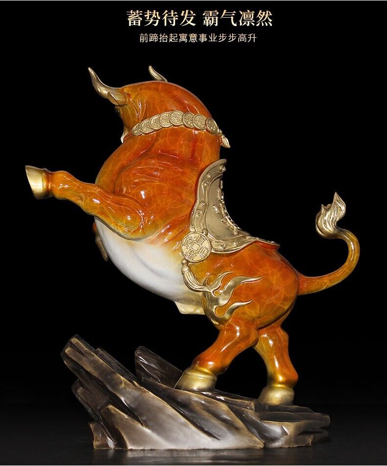 13 inch,Bull Figurines Retro Brass Statue Desktop FengShui Home Decor ORANGE niu