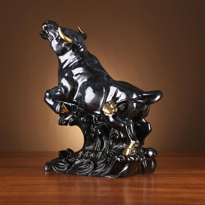 11.6 in, Home Wealth Fengshui Brass Copper Lucky Ox Bull cattle Statue Sculpture