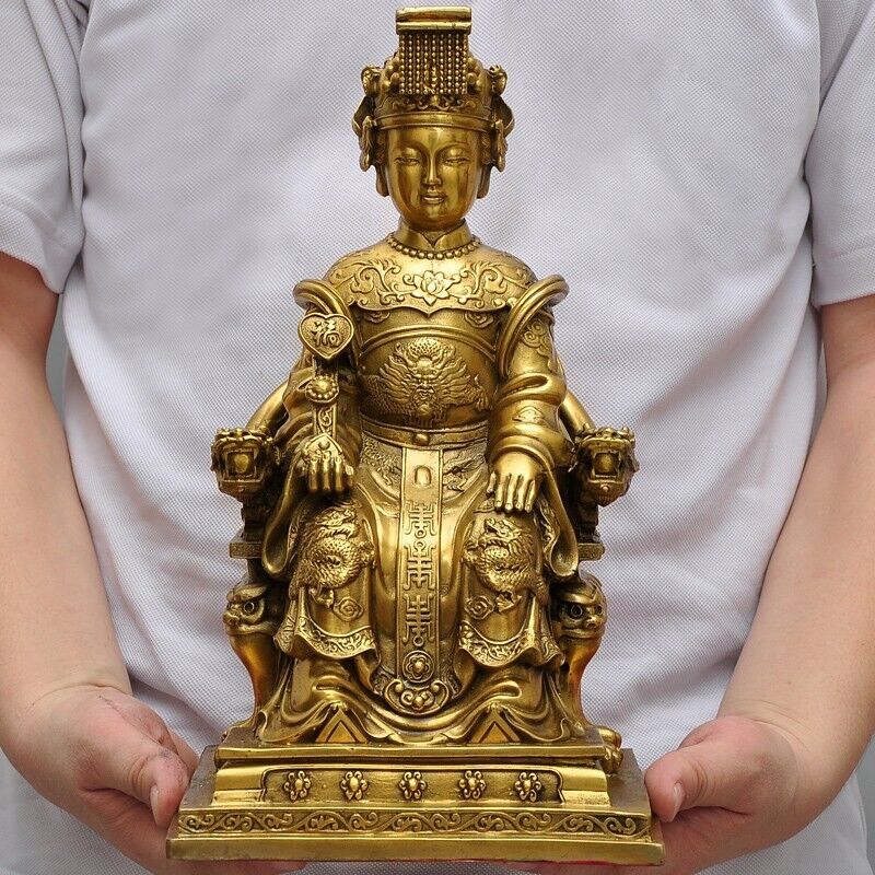 31cm,BRASS MAZU Statue Carved,CHINA Taoism God Matsu Sit FOLK Goddess Sea 妈祖雕像