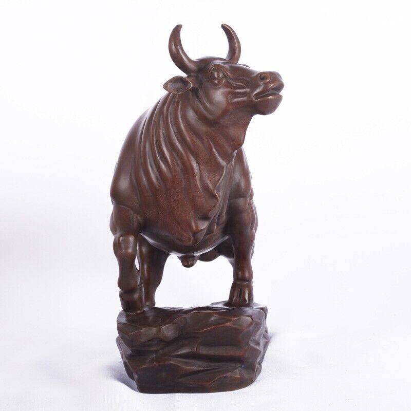 9" Brass Bull Feng shui Cattle Sculpture Copper Cow Statue Mascot Exquisite OX