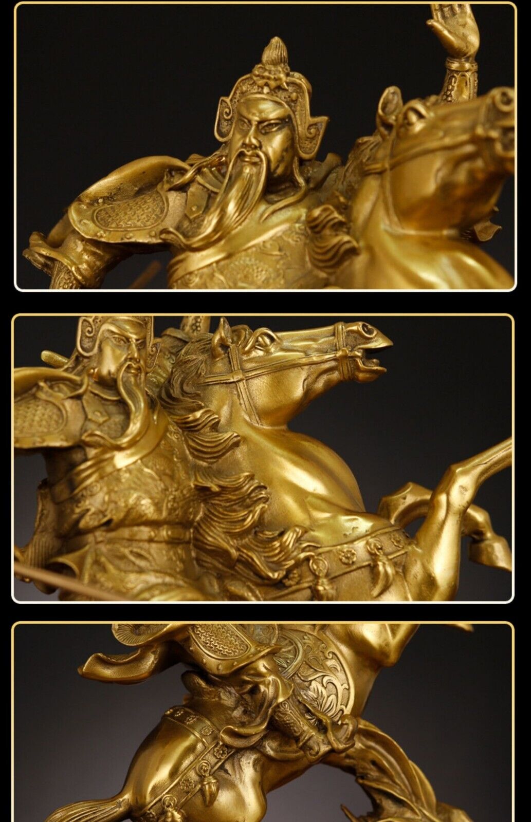 35cm, Chinese Brass FOLK Dragon Warrior Guan Gong Guan Yu God Ride Horse Statue