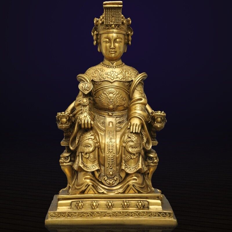 31cm,BRASS MAZU Statue Carved,CHINA Taoism God Matsu Sit FOLK Goddess Sea 妈祖雕像