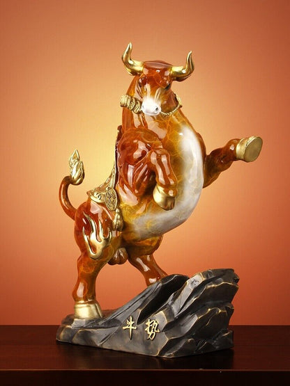 13 inch,Bull Figurines Retro Brass Statue Desktop FengShui Home Decor ORANGE niu