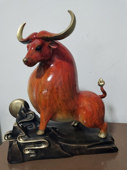 26cm,brass Copper home Feng shui animal fortune folk wealth bull ox niu statue