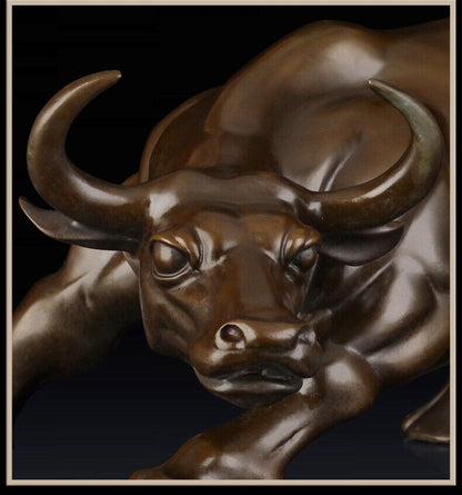 11'',Bull Sculpture Brass Cow Statue Wall Street Cattle Copper China Fengshui OX