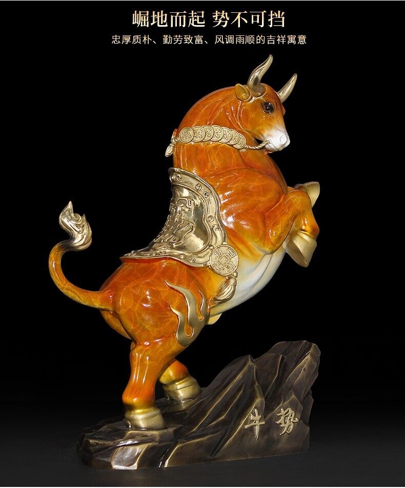 13 in, Home Wealth Fengshui Brass Copper Zodiac Ox Bull cattle Statue Sculpture